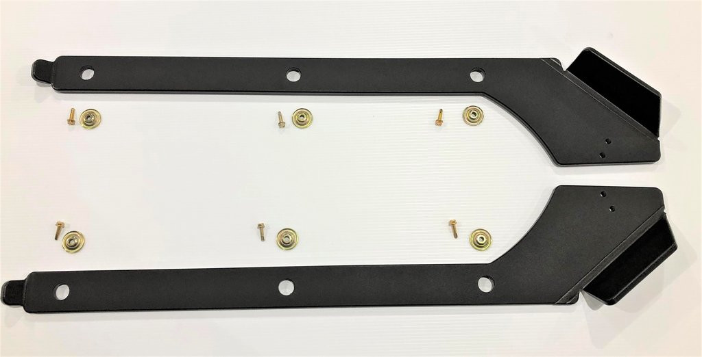 Pair of Trail Armor iMpact trailing arm guards for the Polaris RZR XP Pro laid out with mounting hardware on white