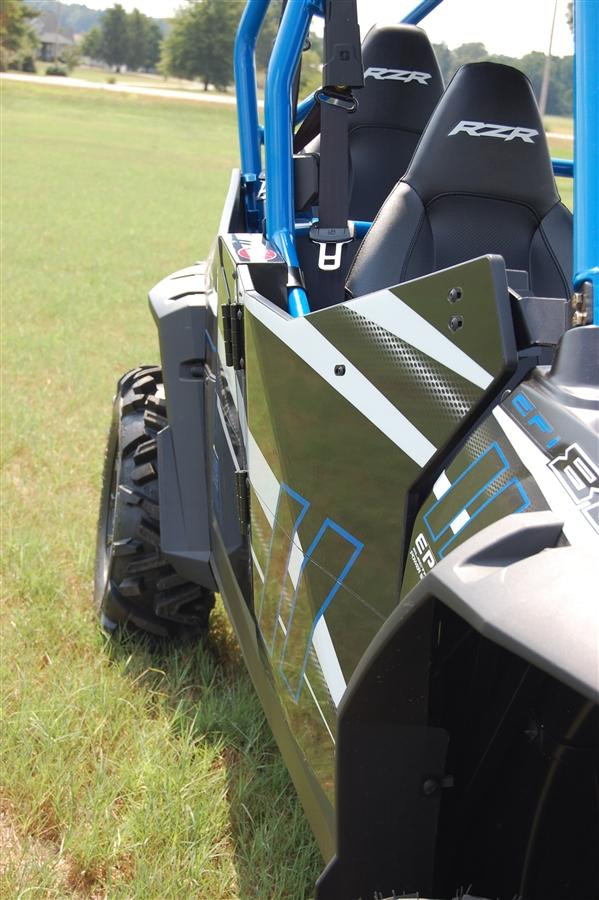 Front three-quarter view of the Trail Armor GenX doors on the RZR 800-4 showing the door contour at the fender