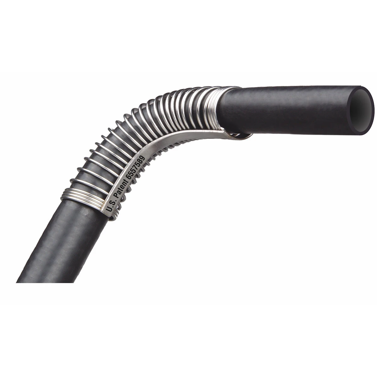 Black coolant hose with a stainless spring bend support from the Firestorm heater kit, on white