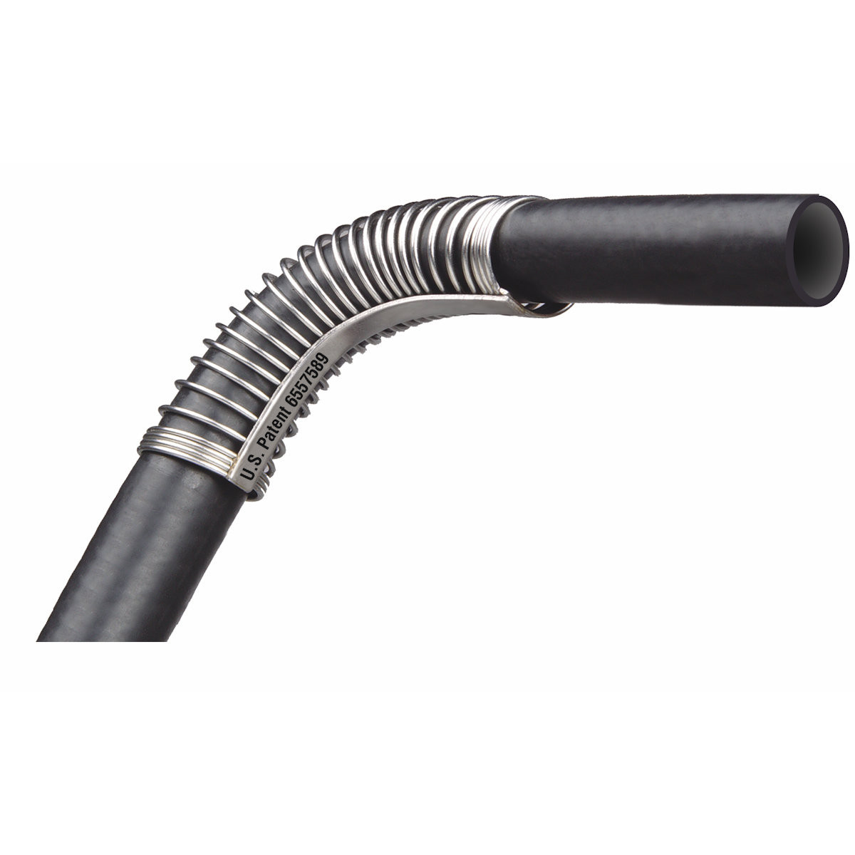 Close-up of a heater hose with a stainless spring bend support from the Moto Alliance Firestorm RZR kit