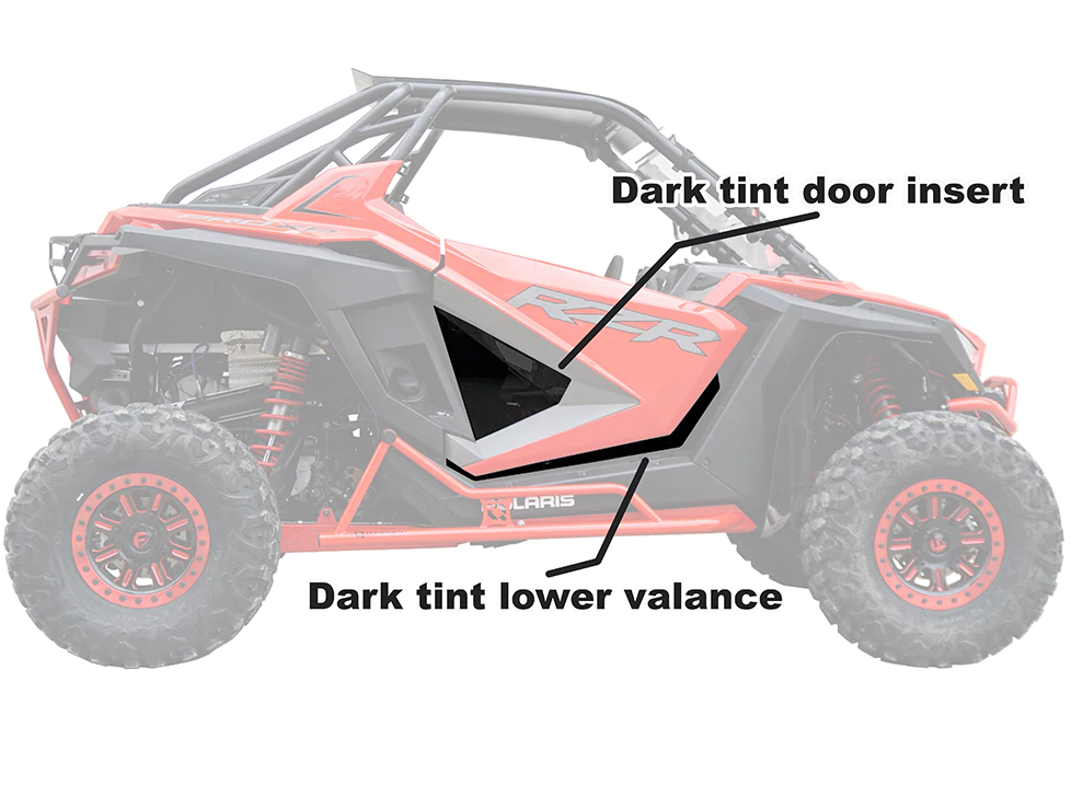 Spike Powersports dark tint door inserts and lower valance on a red Polaris RZR Pro XP, side view with labels