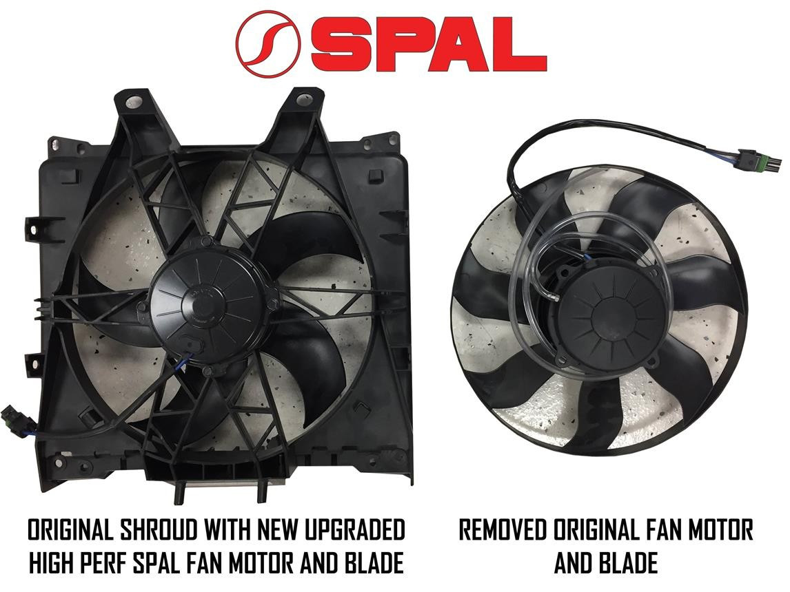 Universal Parts Spal fan upgrade for Can-Am Maverick fitted in the stock shroud beside the removed original fan