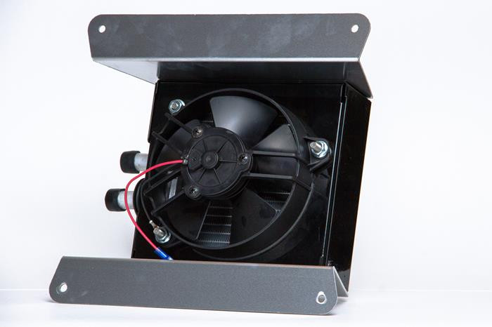 Rear view of the Universal Parts cab heater showing the round blower fan and aluminum mounting bracket