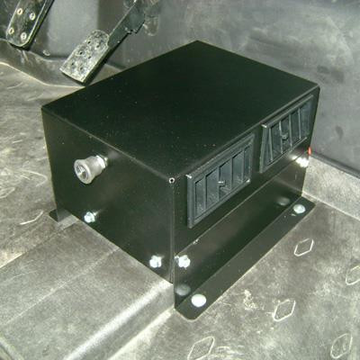 Front angle of the Universal Parts cab heater box with two louvered vents mounted on the Kawasaki Mule floor