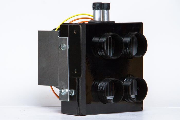 Front face of the Universal Parts cab heater showing four round duct outlets for defrost and cab air