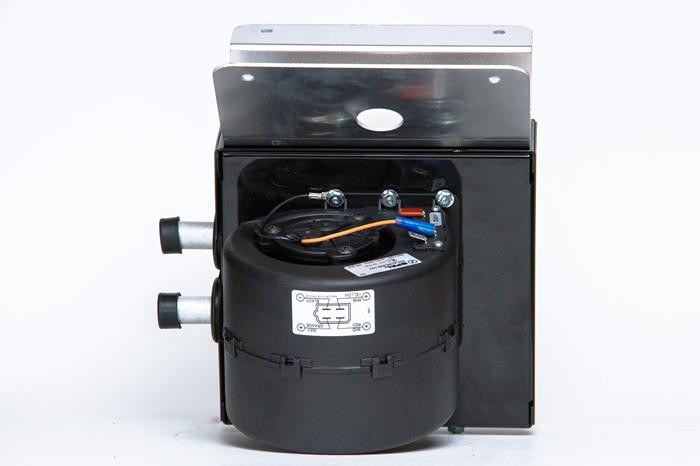 Rear view of the Universal Parts Polaris General heater showing the blower motor, wiring and coolant fittings