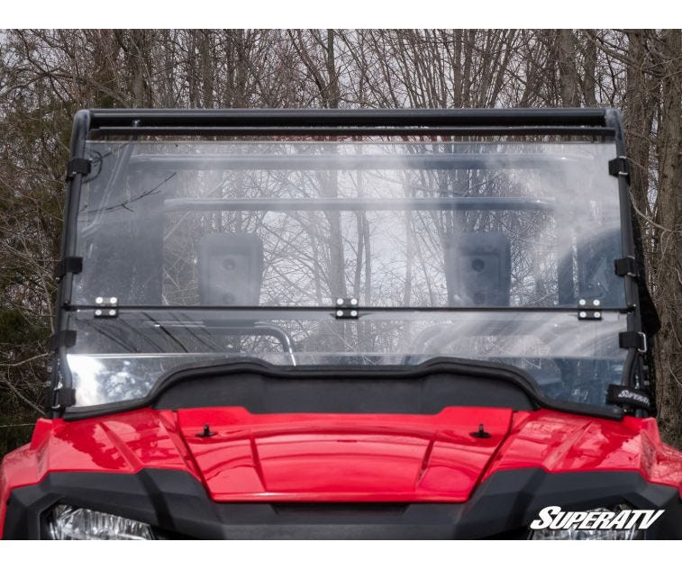 SuperATV flip down windshield on the Honda Pioneer 700 with the upper section flipped open, front view