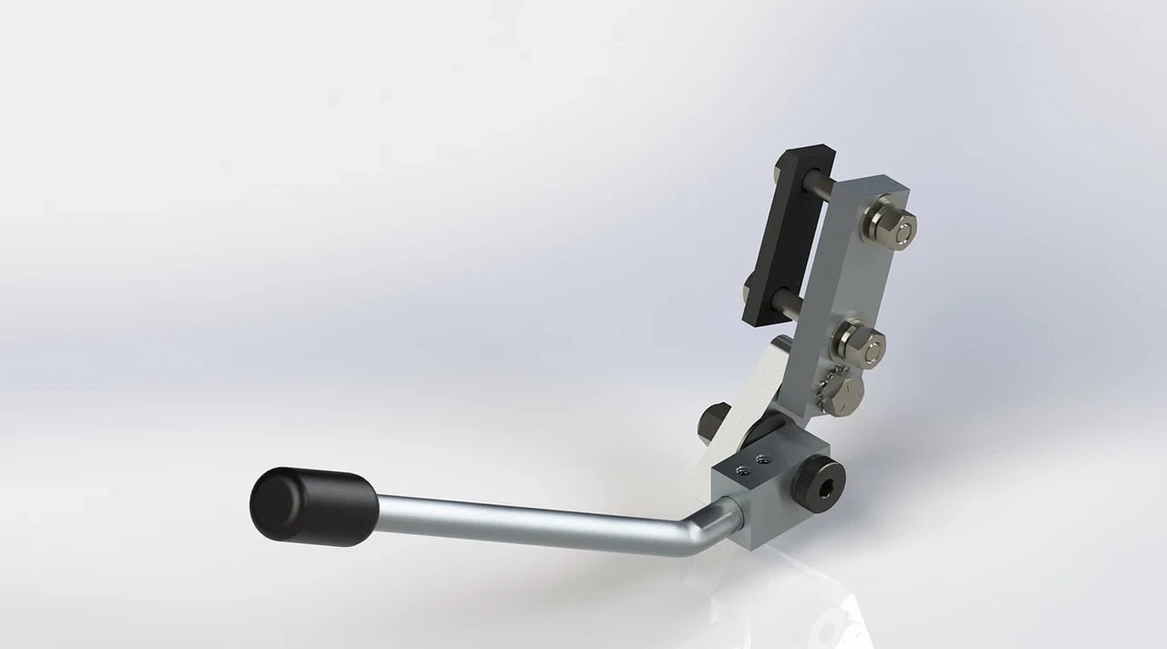 Sure Grip park brake extension lever and clamp bracket viewed from the side, rendered on grey