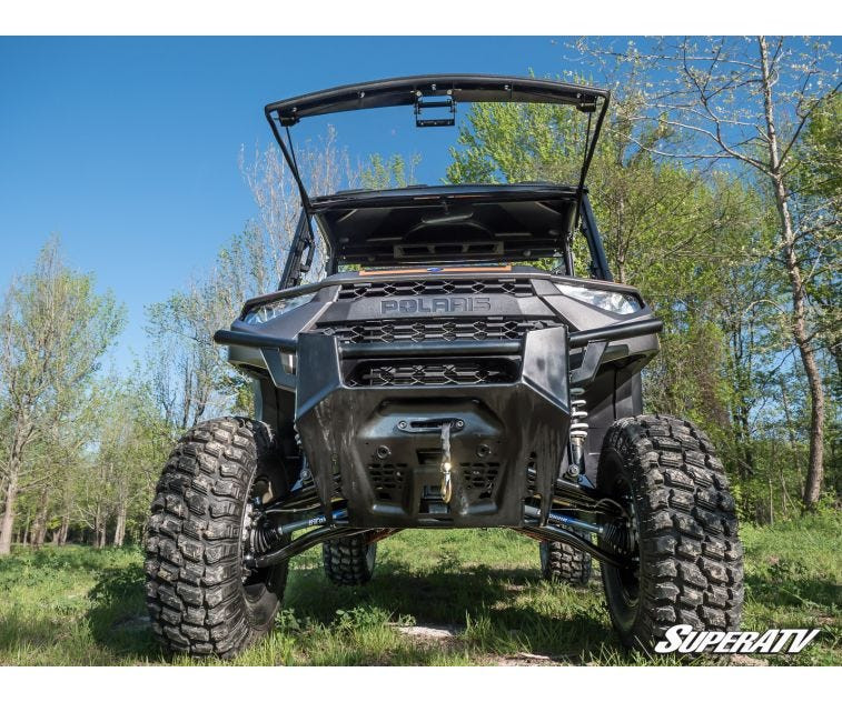 Front view of the Polaris Ranger 1000 with the SuperATV flip windshield tilted fully open
