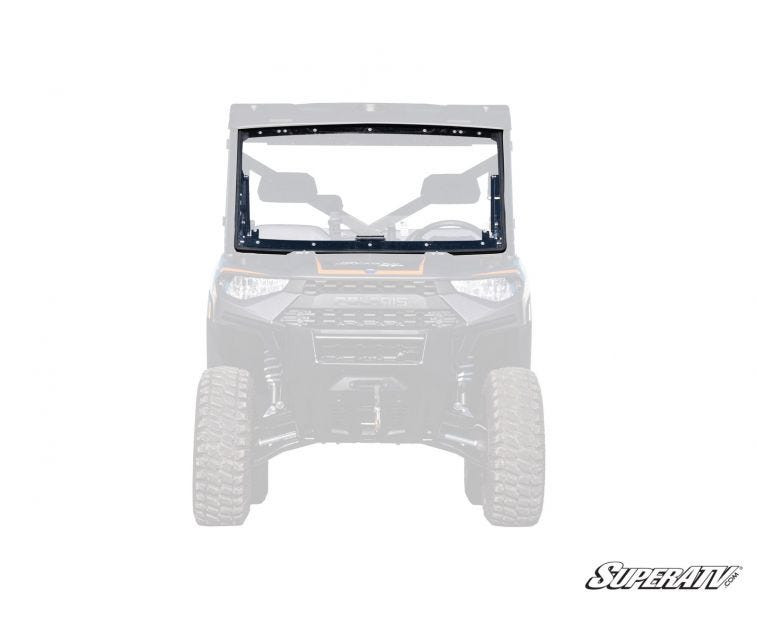 SuperATV flip windshield highlighted on a grayed-out Polaris Ranger 1000 rendering, front view