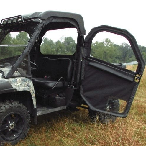 Seizmik full-hinged soft door swung open on a camo John Deere Gator XUV, side view in tall grass