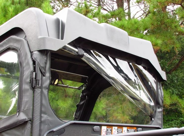 Seizmik back panel on a John Deere Gator XUV with the rear window flap partly rolled open, rear view