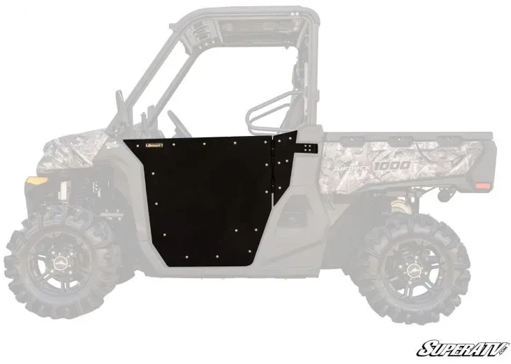 SuperATV aluminum door highlighted in black on a faded CF Moto UForce 1000 outline, wider side view with cargo bed