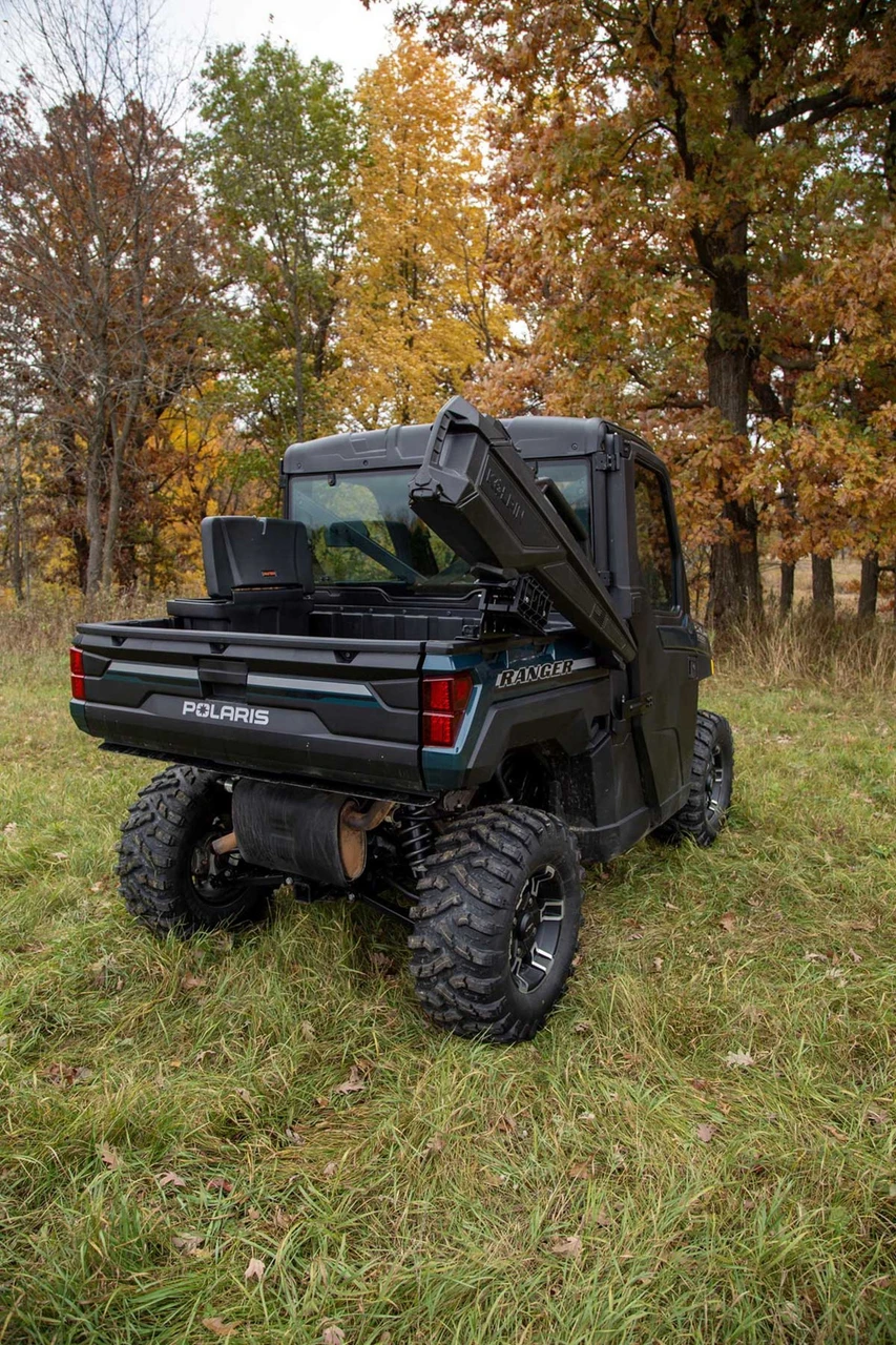 Kolpin Stronghold Auto-Latch gun boot mount with the boot raised at the rear of a Polaris
