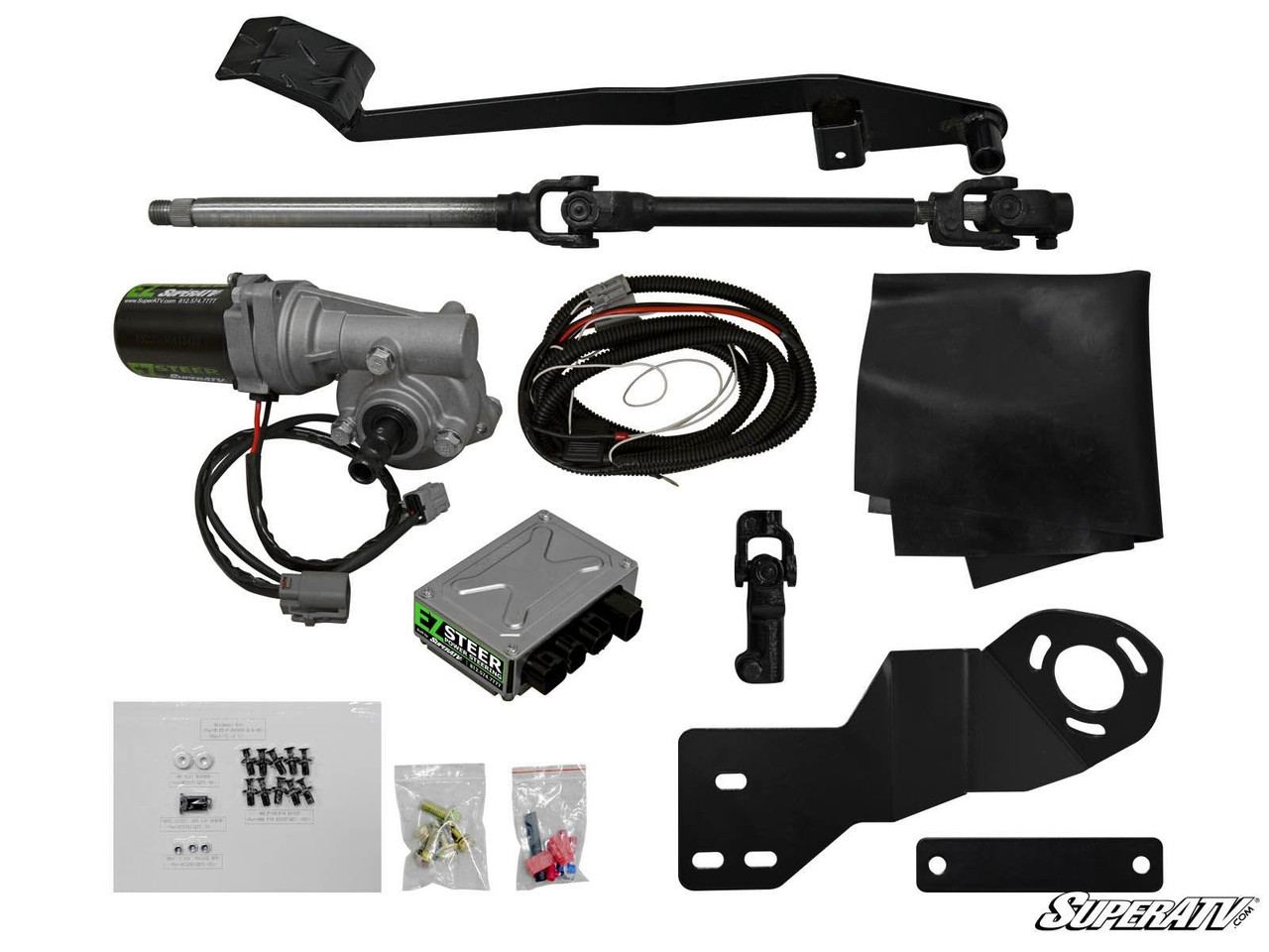 SuperATV power steering kit for the Polaris Ranger Midsize 400 laid out: motor, shaft, control box, harness, brackets