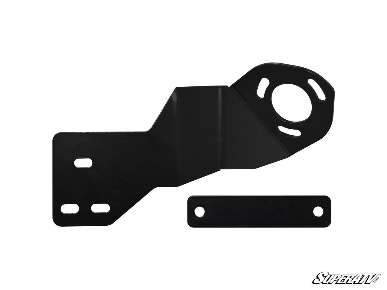 Black steel mounting bracket and strap plate from the SuperATV Polaris Ranger Midsize 400 power steering kit