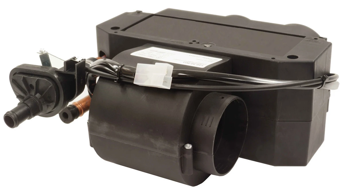 Rear view of the Moto Alliance Firestorm heater box showing the blower outlet, wiring and coolant shut-off valve