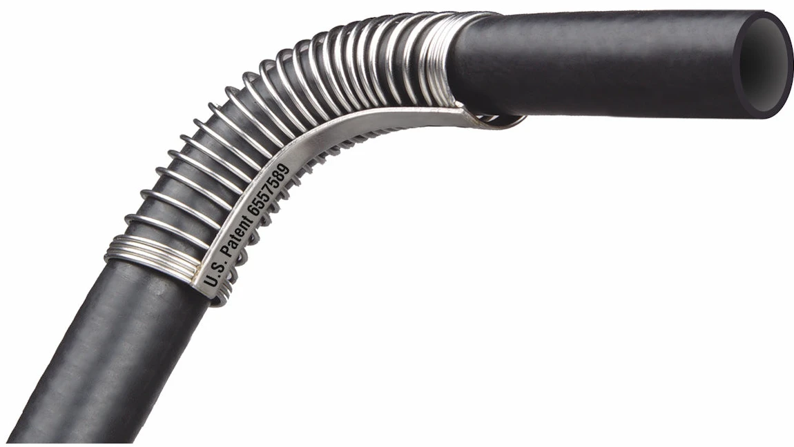 Black heater hose with a stainless spring bend support from the Moto Alliance Firestorm heater kit