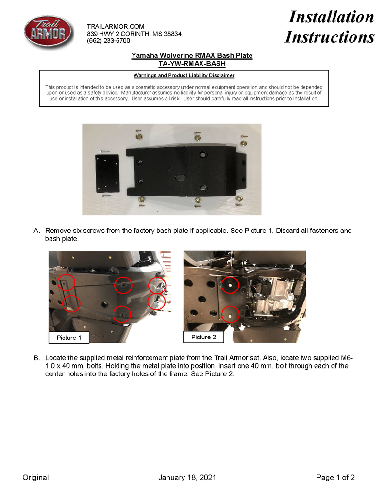 Trail Armor Yamaha Wolverine RMAX2 bash plate installation instructions, page 1 of 2