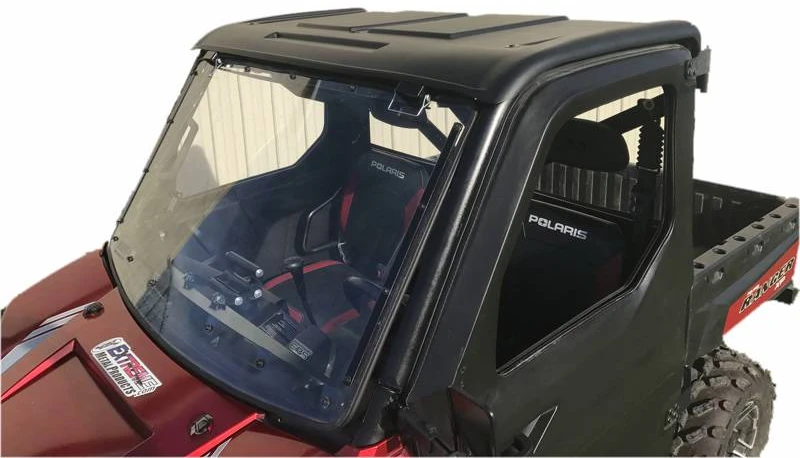 Extreme Metal Products plastic roof on a red Polaris Ranger Full-Size with Pro-Fit cage, front three-quarter view