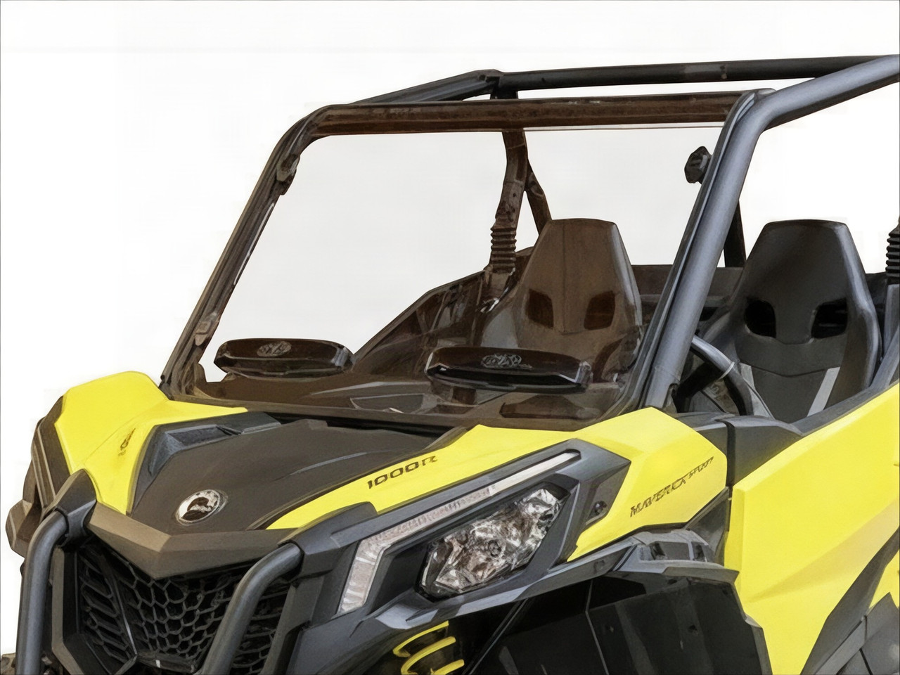 Spike Powersports hard coated windshield with dual vents on a yellow Can-Am Maverick Sport, front close-up