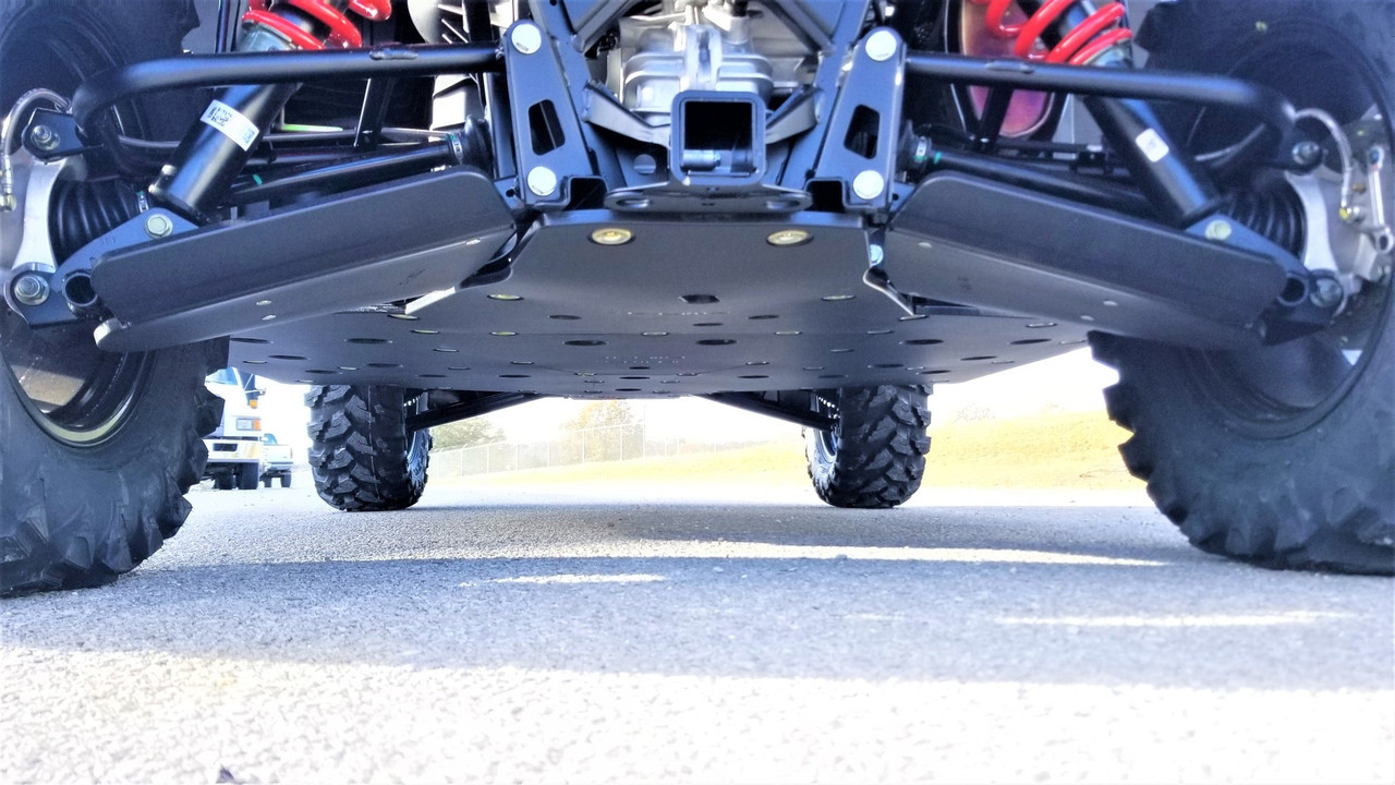 Trail Armor A-arm guards on a Polaris Ranger XP 1000, low front view showing both lower control arms