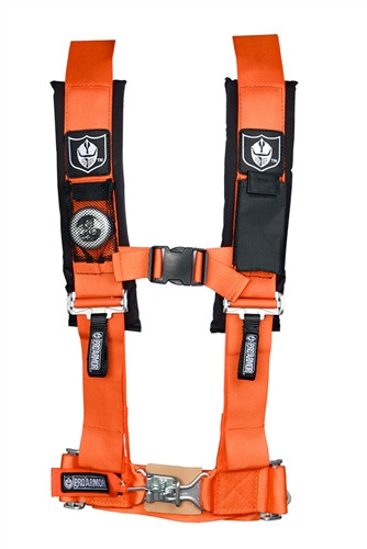 Pro Armor 4-point 3-inch harness in orange with black shoulder pads and sternum clip, front view