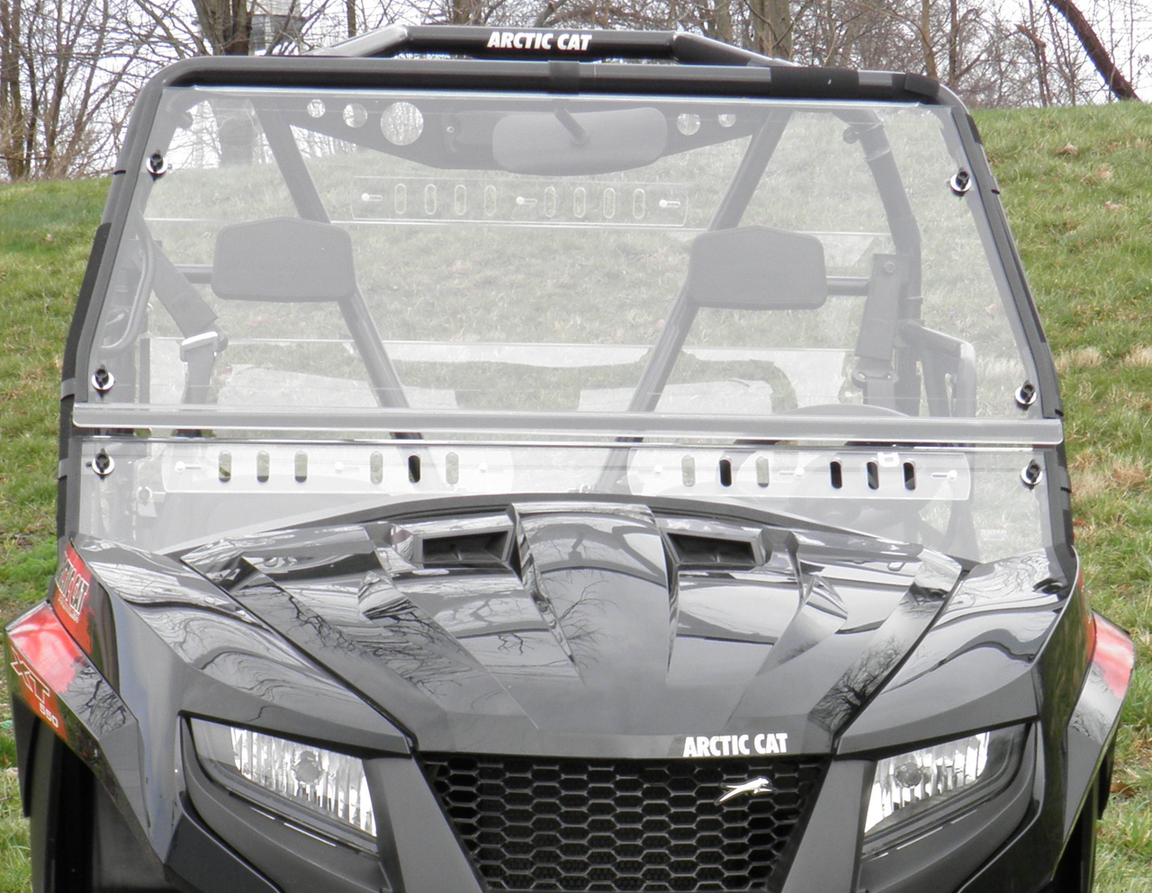3 Star two-piece windshield installed on a black Arctic Cat Prowler, straight-on front view over the hood
