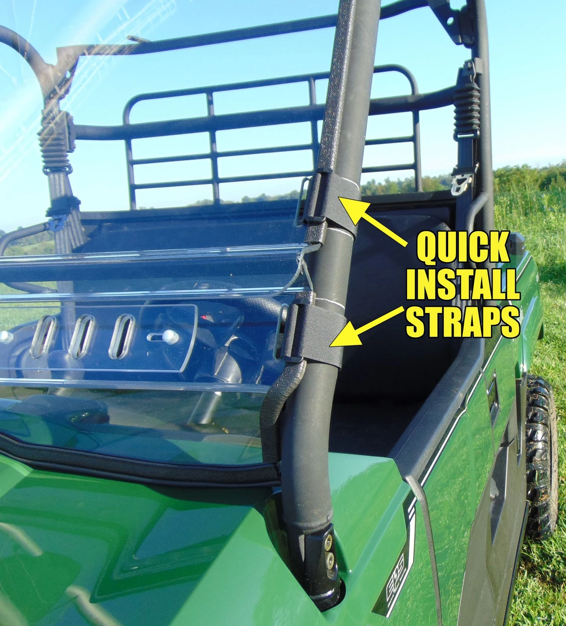 Quick install straps on a 3 Star 2-piece windshield shown on a green side-by-side, labeled close-up