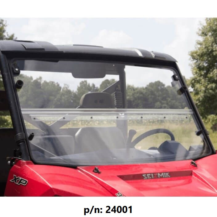 Front view of the closed Seizmik Versa-Fold windshield and roof on a red Polaris side-by-side in a field
