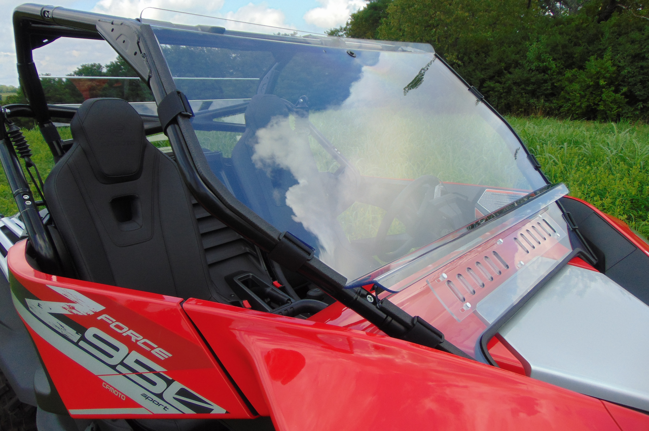 Side view of the 3 Star windshield on a red CF Moto ZForce 950 showing the ZForce 950 door graphic and seat