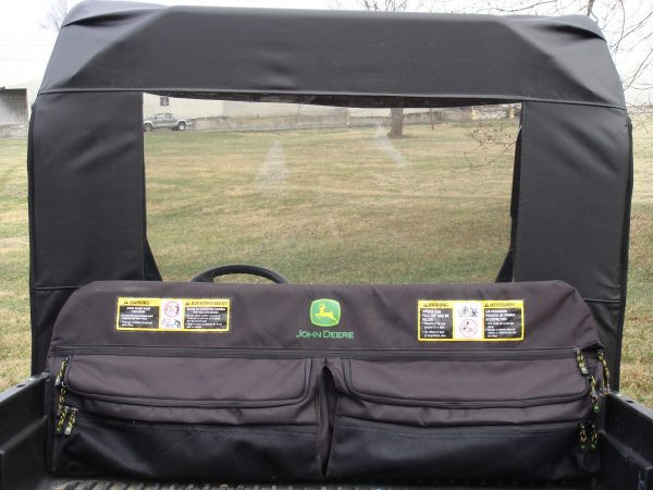 Close-up of the 3 Star soft rear window on a John Deere Gator HPX/XUV seen from the cargo bed