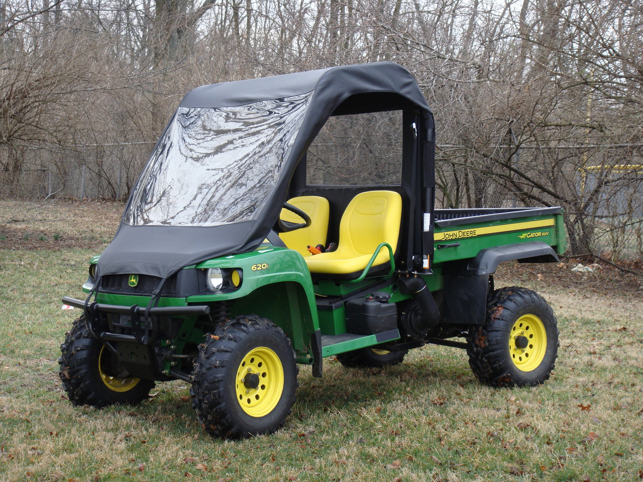 3 Star vinyl windshield, top and rear window combo on a John Deere Gator HPX/XUV, front three-quarter view