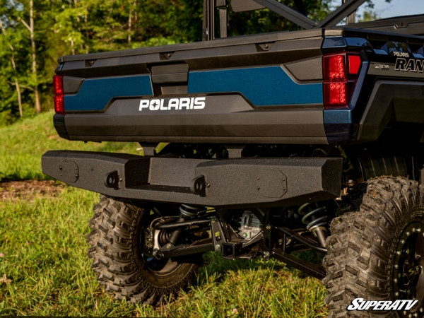 Rear three-quarter view of the SuperATV rear winch ready bumper on a blue Polaris Ranger XP1000