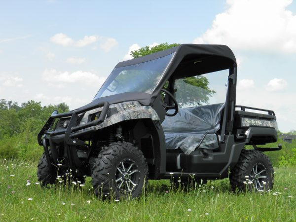 3 Star vinyl windshield and soft top combo on a camo John Deere Gator 550/560/590, front three-quarter view