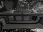 Close-up of the lower edge of the SuperATV glass windshield meeting the hood of a Polaris RZR XP Turbo