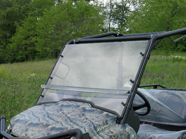 Front view of the 3 Star 2-piece windshield on the John Deere 550 Gator with the upper panel tilted open