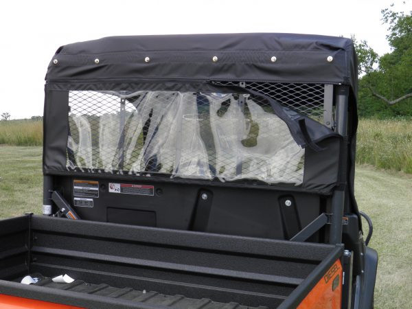 3 Star vinyl rear window with clear panel snapped to the top, seen from the Kubota RTV-X cargo bed