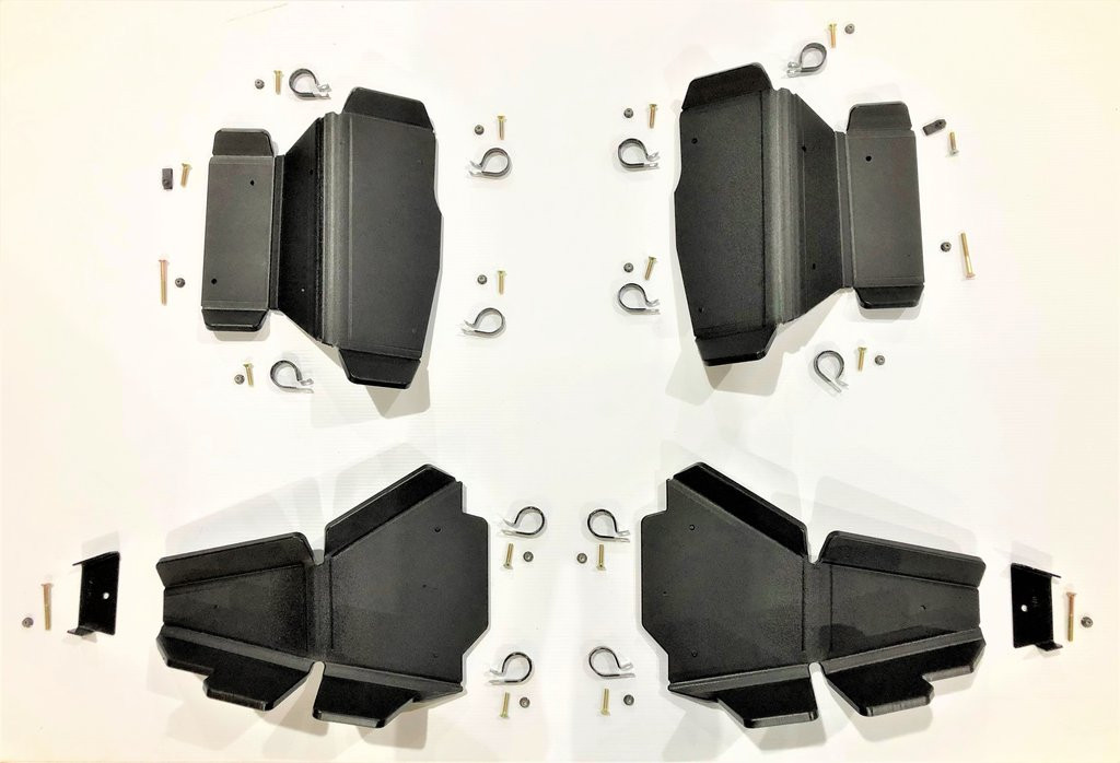 Trail Armor arched A-arm guards for the Polaris Ranger XP1000, four black guards with mounting hardware on white