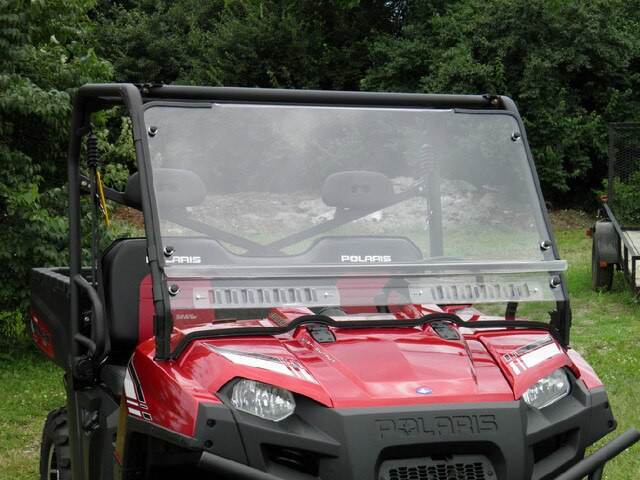 Front view of a red Polaris Ranger XP900 with the 3 Star two-piece windshield installed, vented lower strip visible