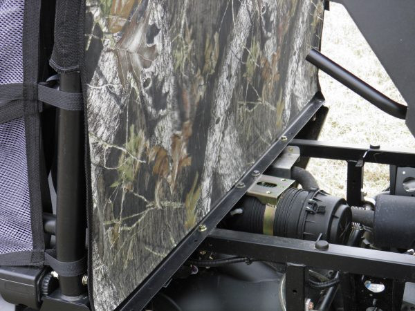 Close-up of the 3 Star camo rear window panel strapped to the cage at the bed of a Polaris Ranger Crew