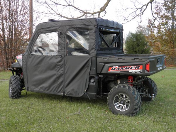 3 Star doors and rear window combo on a Polaris Ranger 900 Crew, rear three-quarter view with doors zipped