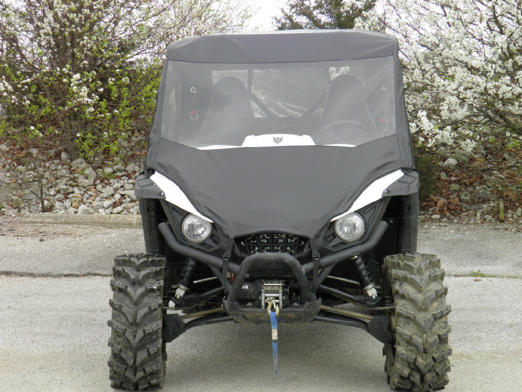 3 Star vinyl windshield and soft top combo on a gray Yamaha Wolverine, front view with winch and mud tires