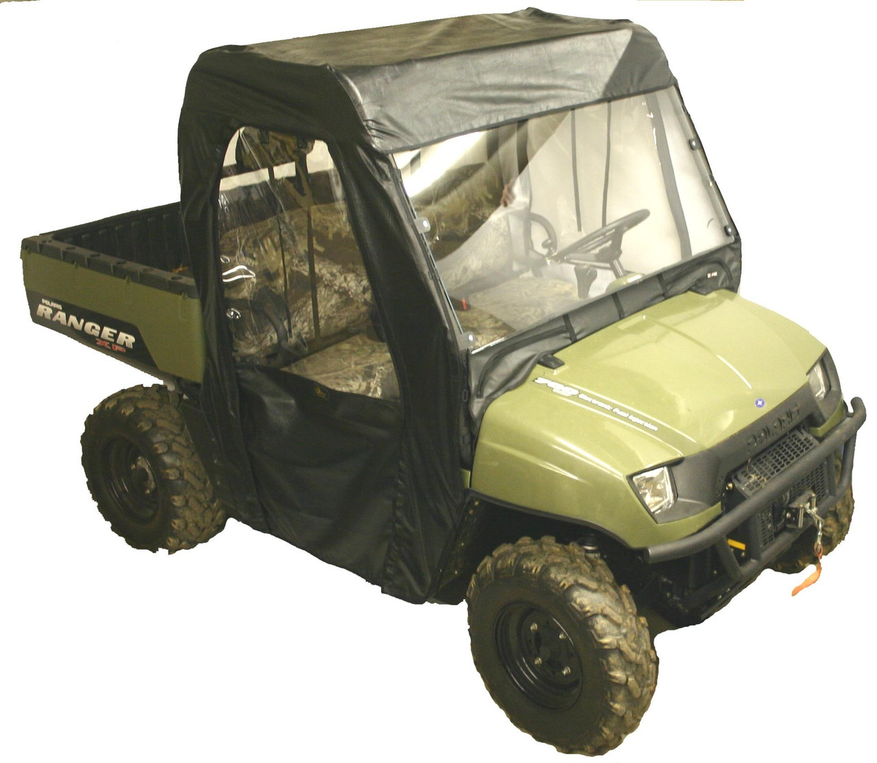 Greene Mountain black full cab enclosure on a full-size Polaris Ranger, front three-quarter view