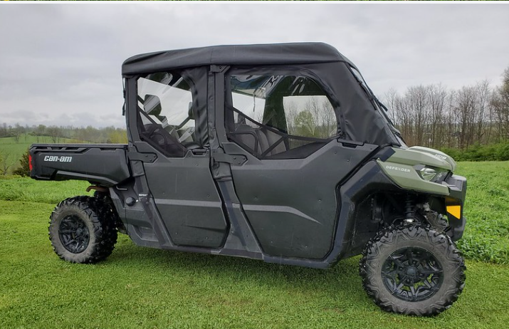 3 Star half-door cab enclosure on a green Can-Am Defender Max with hard windshield, driver side profile