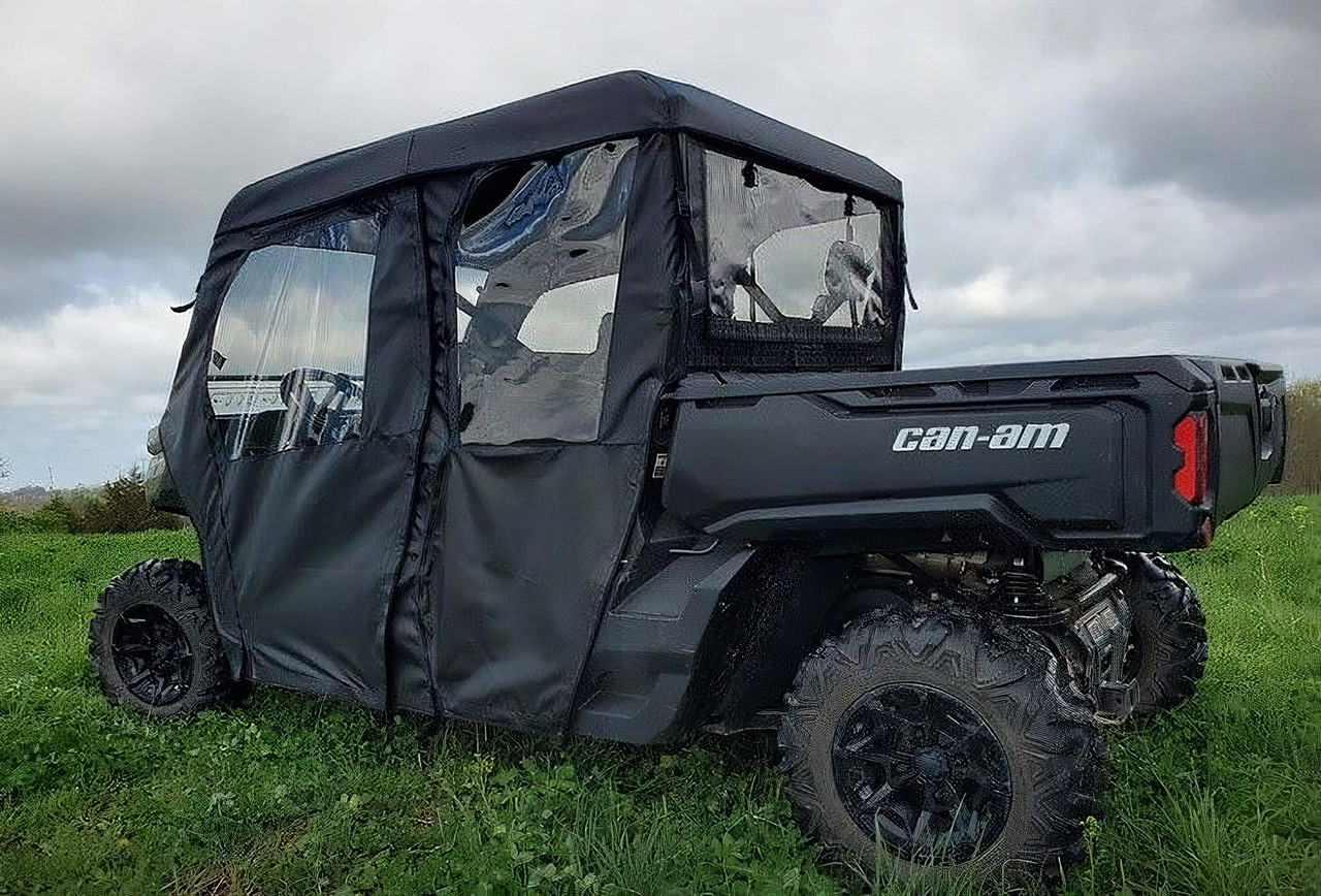 3 Star soft full doors and rear window combo on a gray Can-Am Defender Max with a soft top, side view on grass