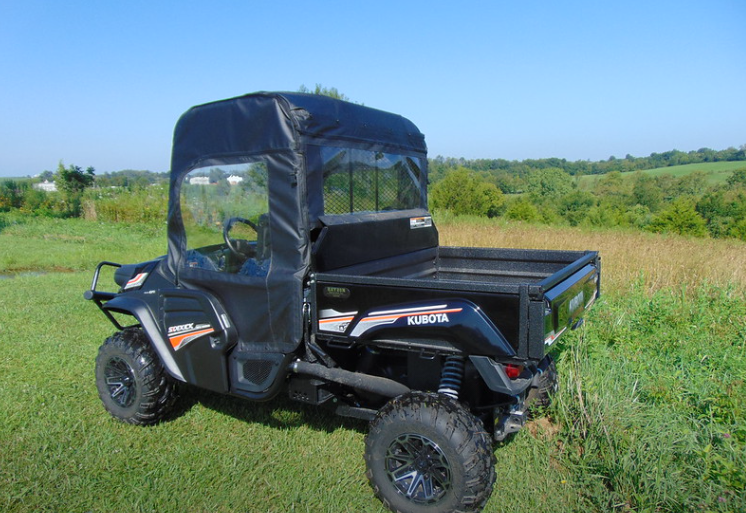 Rear three-quarter view of a black Kubota RTV XG850 with the 3 Star doors and rear window combo installed
