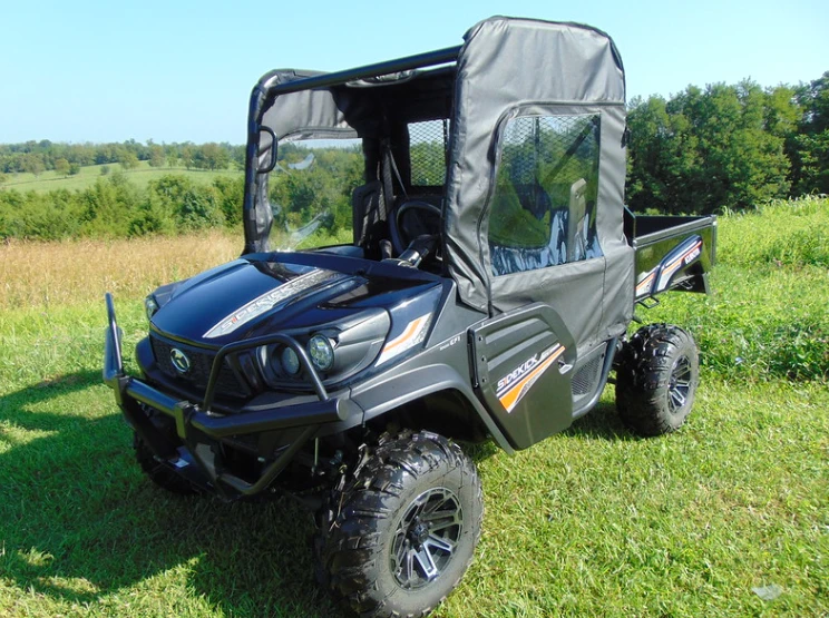 3 Star soft doors kit installed on a dark blue Kubota RTV XG850, front three-quarter view in a field