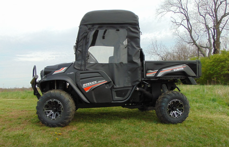 Side view of a Kubota RTV XG850 with the 3 Star soft doors, rear window and soft top fitted