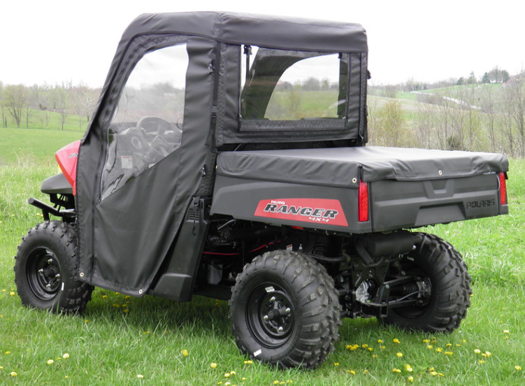 3 Star full cab enclosure for hard windshield on a red Polaris Ranger 570 MidSize, rear three-quarter view